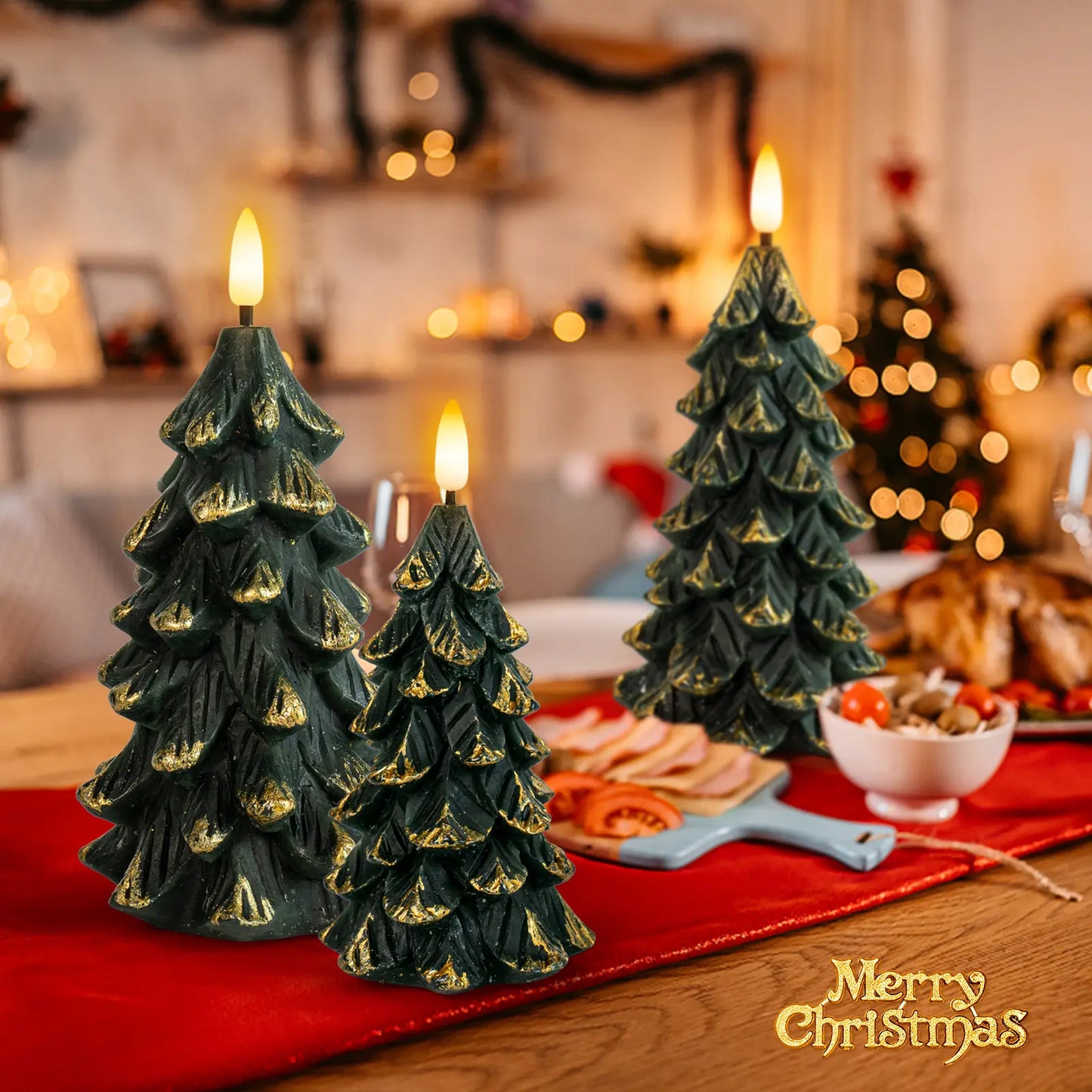 Set of 3 Green Christmas Tree-Shaped Flickering Flameless LED Candles with Timer, Real Wax, Battery-Operated - Ideal for Festive Decorations and Romantic Gifting