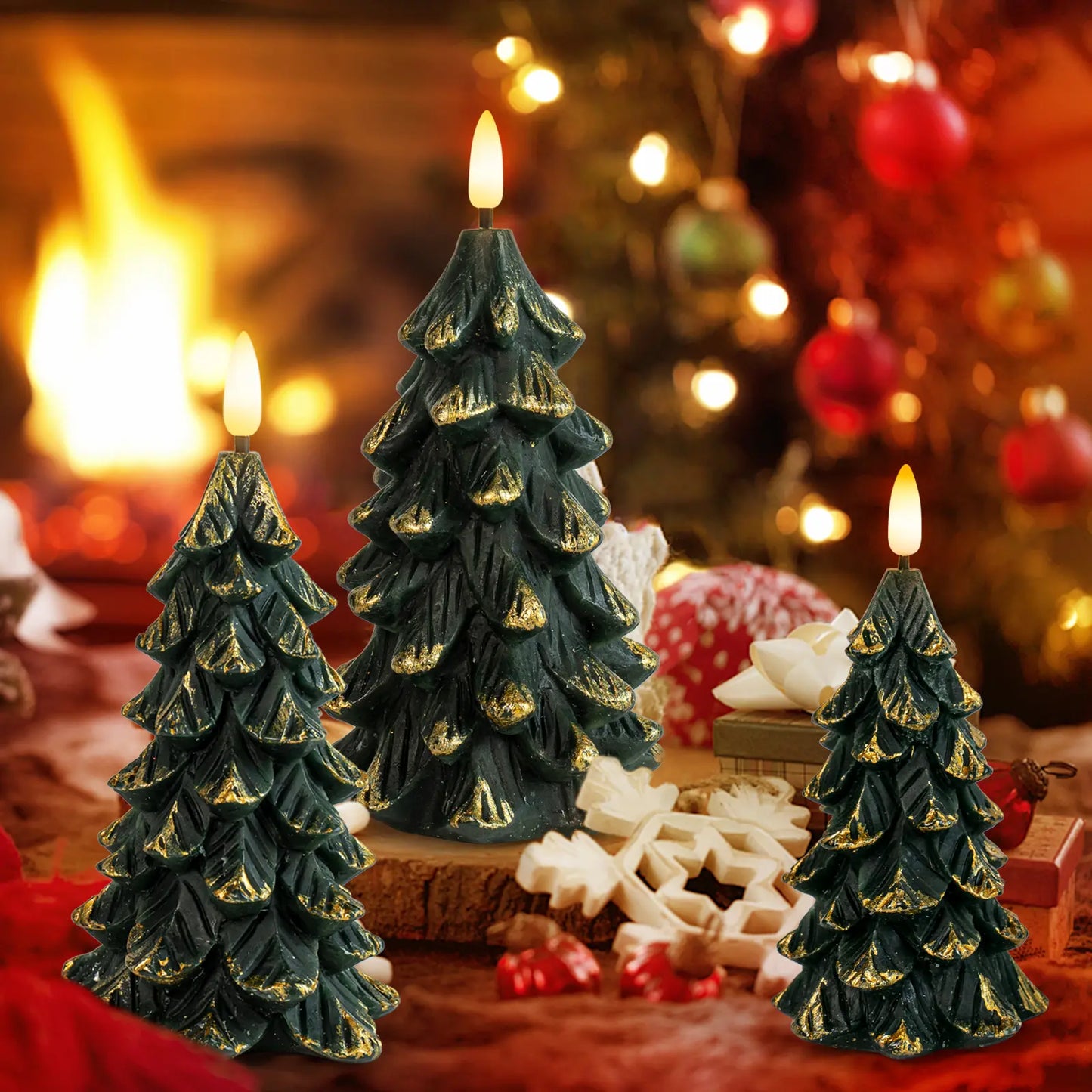 Set of 3 Green Christmas Tree-Shaped Flickering Flameless LED Candles with Timer, Real Wax, Battery-Operated - Ideal for Festive Decorations and Romantic Gifting
