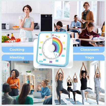 60-Minute Large Visual Countdown Timer for Kids and Adults, Rainbow Design, Non-Ticking 7.5-Inch Clock with Magnetic Backing for Classroom and Pomodoro Use