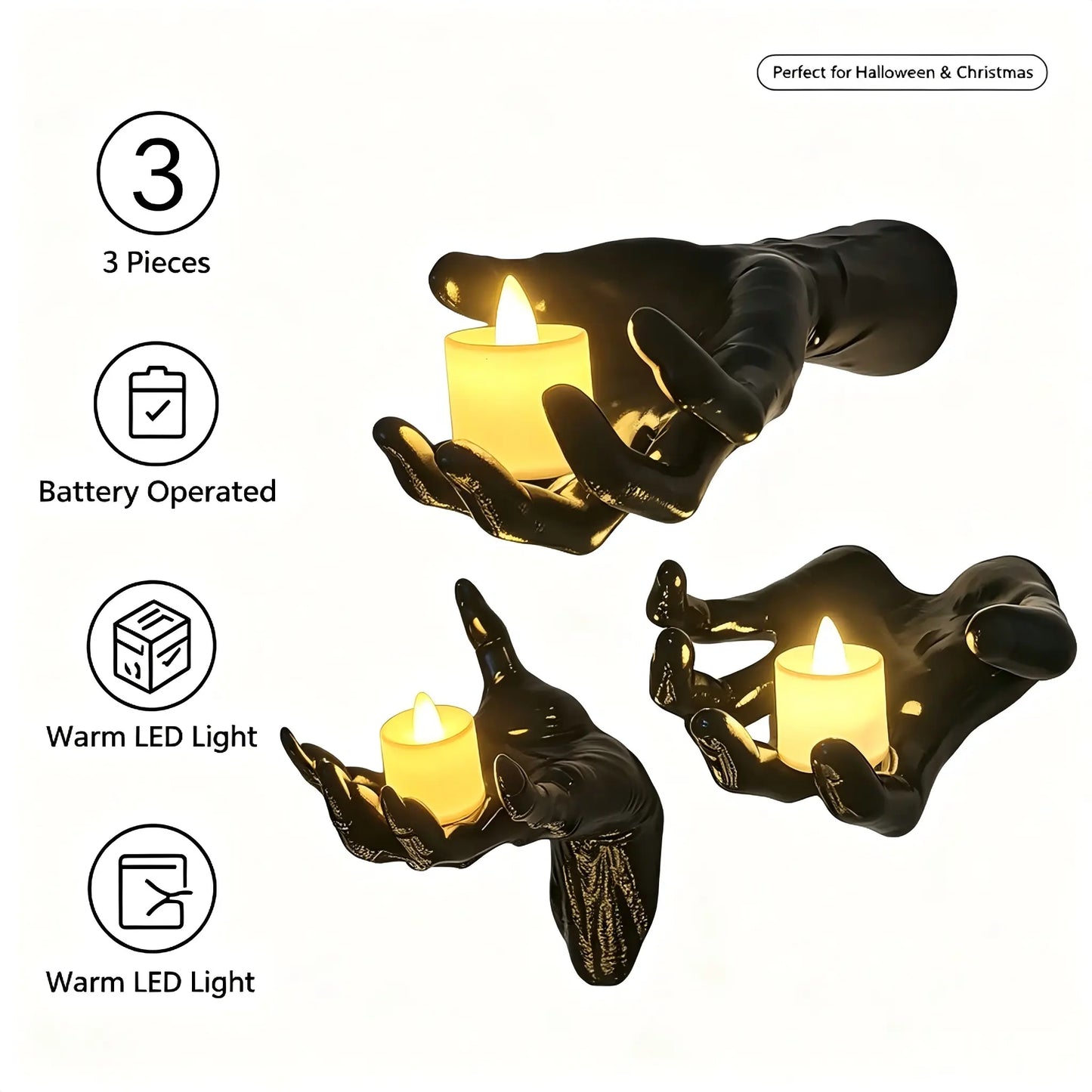 Life-Sized Wall-Mounted Creepy Reaching Hands with Illuminated Candles - Set of 3 Gothic Halloween Decorations for Indoor Use