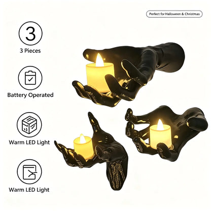 Life-Sized Wall-Mounted Creepy Reaching Hands with Illuminated Candles - Set of 3 Gothic Halloween Decorations for Indoor Use