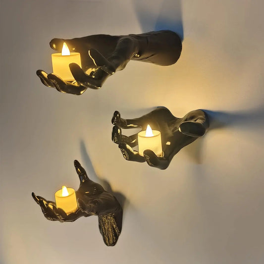 Life-Sized Wall-Mounted Creepy Reaching Hands with Illuminated Candles - Set of 3 Gothic Halloween Decorations for Indoor Use