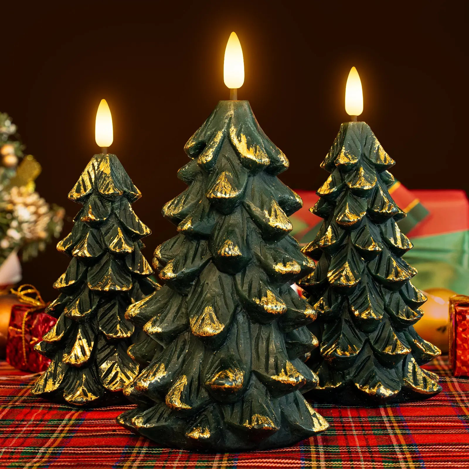 Set of 3 Green Christmas Tree-Shaped Flickering Flameless LED Candles with Timer, Real Wax, Battery-Operated - Ideal for Festive Decorations and Romantic Gifting