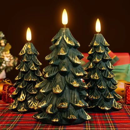 Set of 3 Green Christmas Tree-Shaped Flickering Flameless LED Candles with Timer, Real Wax, Battery-Operated - Ideal for Festive Decorations and Romantic Gifting