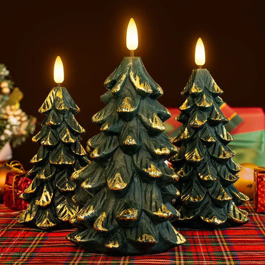 Set of 3 Green Christmas Tree-Shaped Flickering Flameless LED Candles with Timer, Real Wax, Battery-Operated - Ideal for Festive Decorations and Romantic Gifting