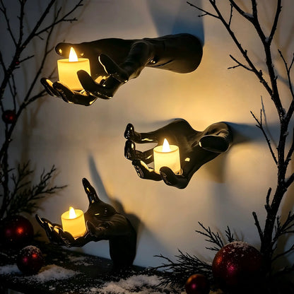 Life-Sized Wall-Mounted Creepy Reaching Hands with Illuminated Candles - Set of 3 Gothic Halloween Decorations for Indoor Use