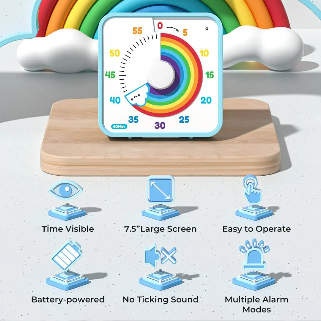 60-Minute Large Visual Countdown Timer for Kids and Adults, Rainbow Design, Non-Ticking 7.5-Inch Clock with Magnetic Backing for Classroom and Pomodoro Use