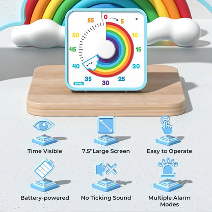 60-Minute Large Visual Countdown Timer for Kids and Adults, Rainbow Design, Non-Ticking 7.5-Inch Clock with Magnetic Backing for Classroom and Pomodoro Use