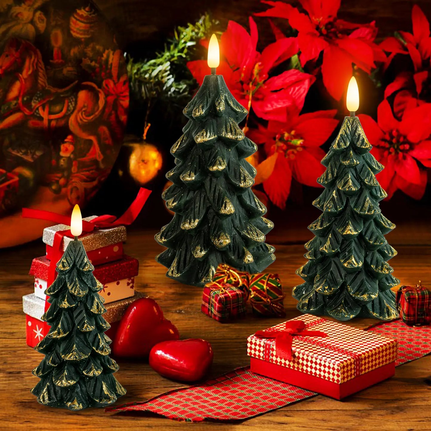 Set of 3 Green Christmas Tree-Shaped Flickering Flameless LED Candles with Timer, Real Wax, Battery-Operated - Ideal for Festive Decorations and Romantic Gifting