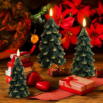 Set of 3 Green Christmas Tree-Shaped Flickering Flameless LED Candles with Timer, Real Wax, Battery-Operated - Ideal for Festive Decorations and Romantic Gifting