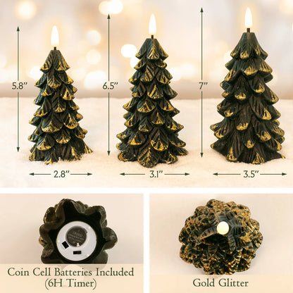 Set of 3 Green Christmas Tree-Shaped Flickering Flameless LED Candles with Timer, Real Wax, Battery-Operated - Ideal for Festive Decorations and Romantic Gifting