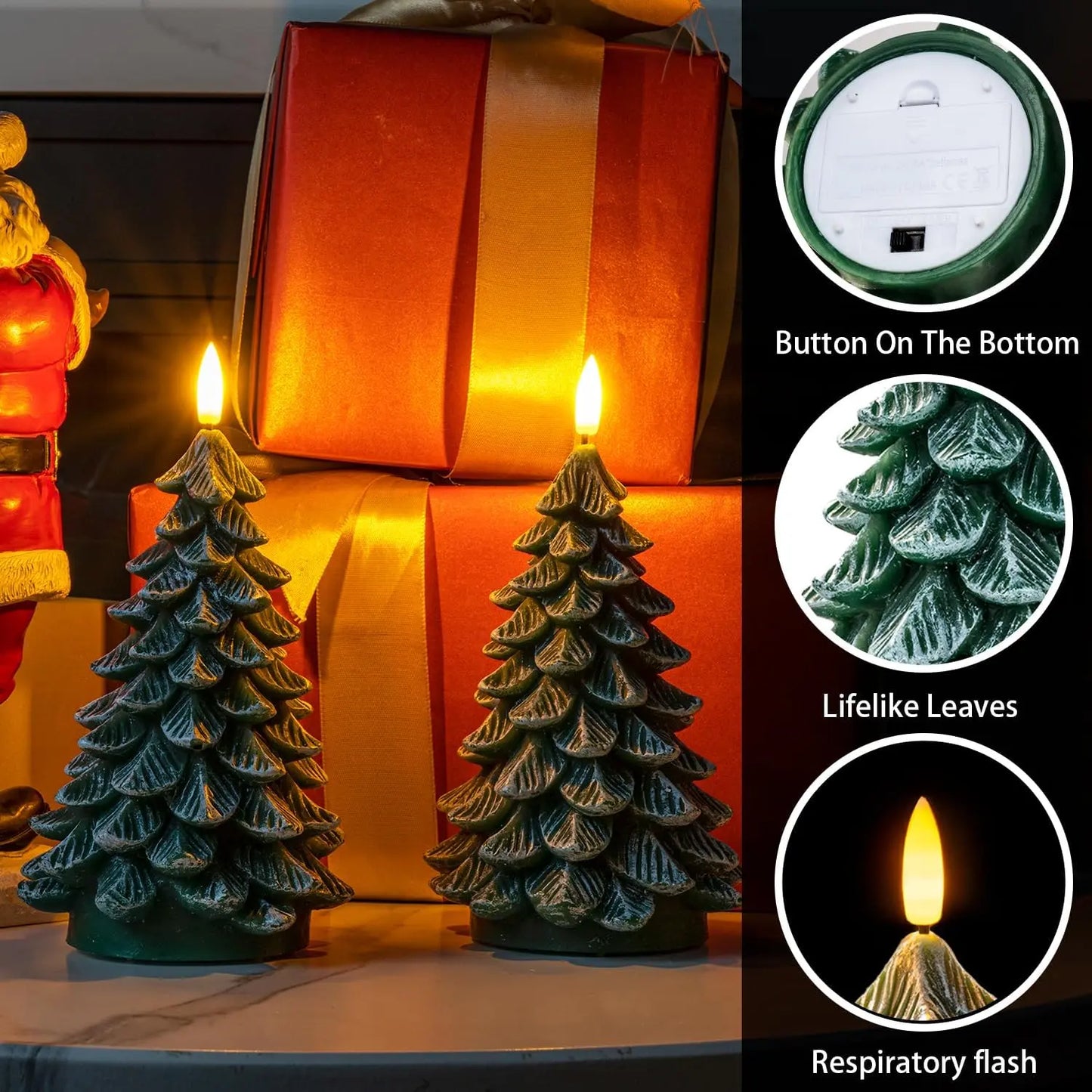 Waxy LED Flameless Christmas Tree Candles with 6-Hour Timer - Set of 2, Green Battery-Operated Flickering Candles for Holiday Decorations, 8.5 Inches