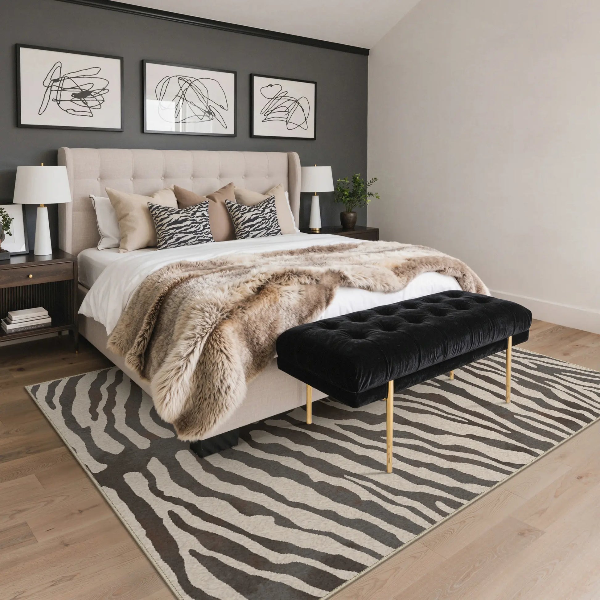 Genimo Zebra Pattern Area Rug - Machine Washable, Foldable, Ultra-Thin, Non-Slip Carpet for Living Room, Bedroom, Dining Room, and Home Office
