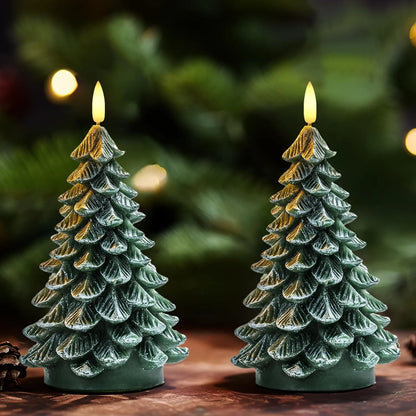 Waxy LED Flameless Christmas Tree Candles with 6-Hour Timer - Set of 2, Green Battery-Operated Flickering Candles for Holiday Decorations, 8.5 Inches
