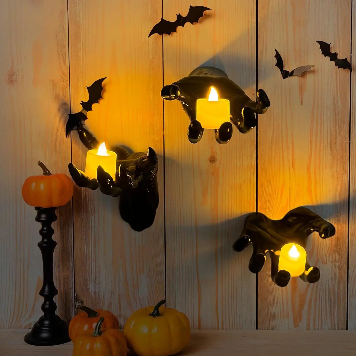 Life-Sized Wall-Mounted Creepy Reaching Hands with Illuminated Candles - Set of 3 Gothic Halloween Decorations for Indoor Use