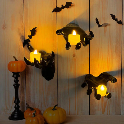 Life-Sized Wall-Mounted Creepy Reaching Hands with Illuminated Candles - Set of 3 Gothic Halloween Decorations for Indoor Use