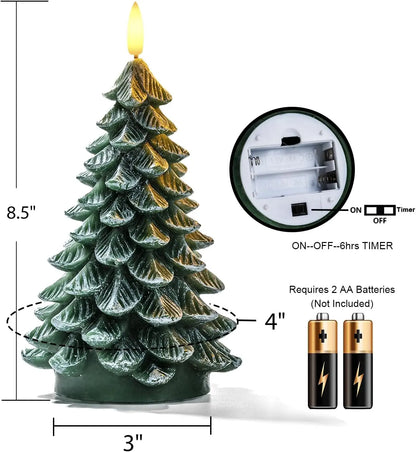 Waxy LED Flameless Christmas Tree Candles with 6-Hour Timer - Set of 2, Green Battery-Operated Flickering Candles for Holiday Decorations, 8.5 Inches
