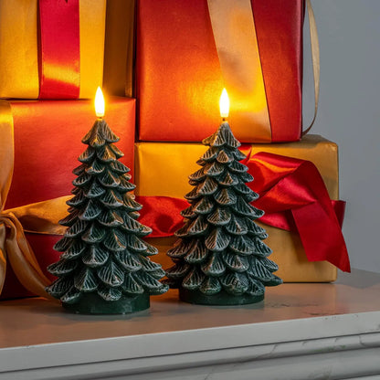 Waxy LED Flameless Christmas Tree Candles with 6-Hour Timer - Set of 2, Green Battery-Operated Flickering Candles for Holiday Decorations, 8.5 Inches