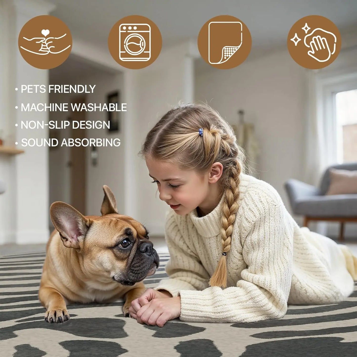 Genimo Zebra Pattern Area Rug - Machine Washable, Foldable, Ultra-Thin, Non-Slip Carpet for Living Room, Bedroom, Dining Room, and Home Office