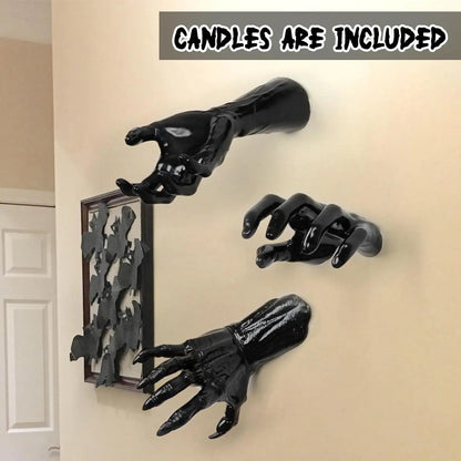Life-Sized Wall-Mounted Creepy Reaching Hands with Illuminated Candles - Set of 3 Gothic Halloween Decorations for Indoor Use
