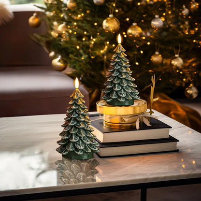 Waxy LED Flameless Christmas Tree Candles with 6-Hour Timer - Set of 2, Green Battery-Operated Flickering Candles for Holiday Decorations, 8.5 Inches
